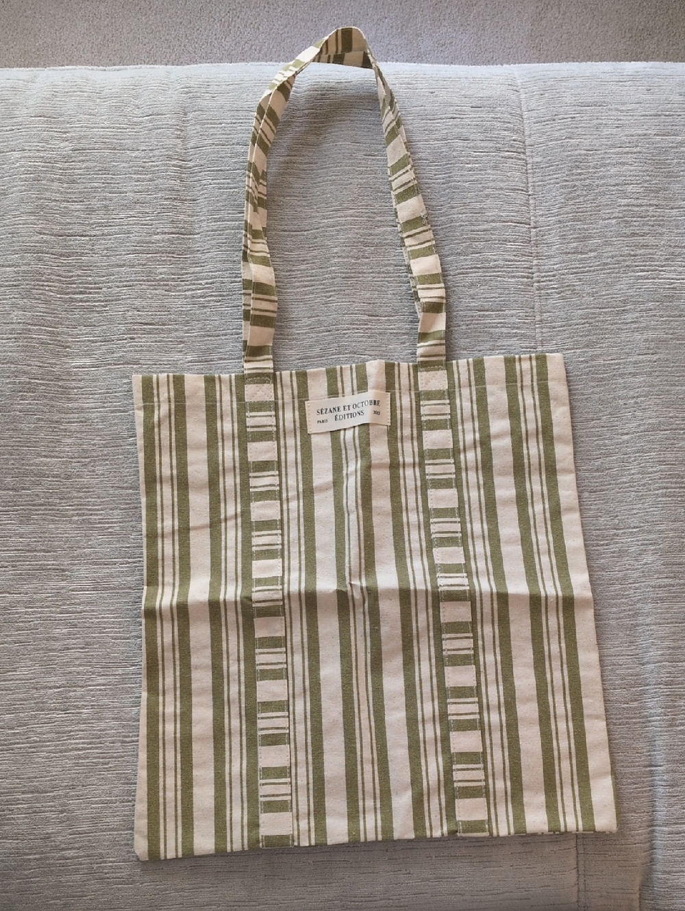 Sezane Olive and Cream Striped Canvas Tote